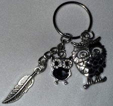 Silvertone Metal Owl Keychain - Black Enamel - Dual Owls - Lucky Feather 3