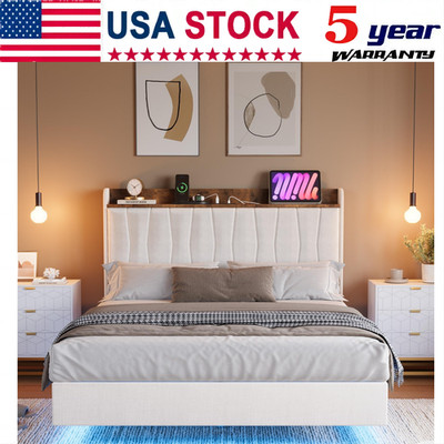 Full Queen King Upholstered Floating Bed Frame with LED Lights,Charging Station