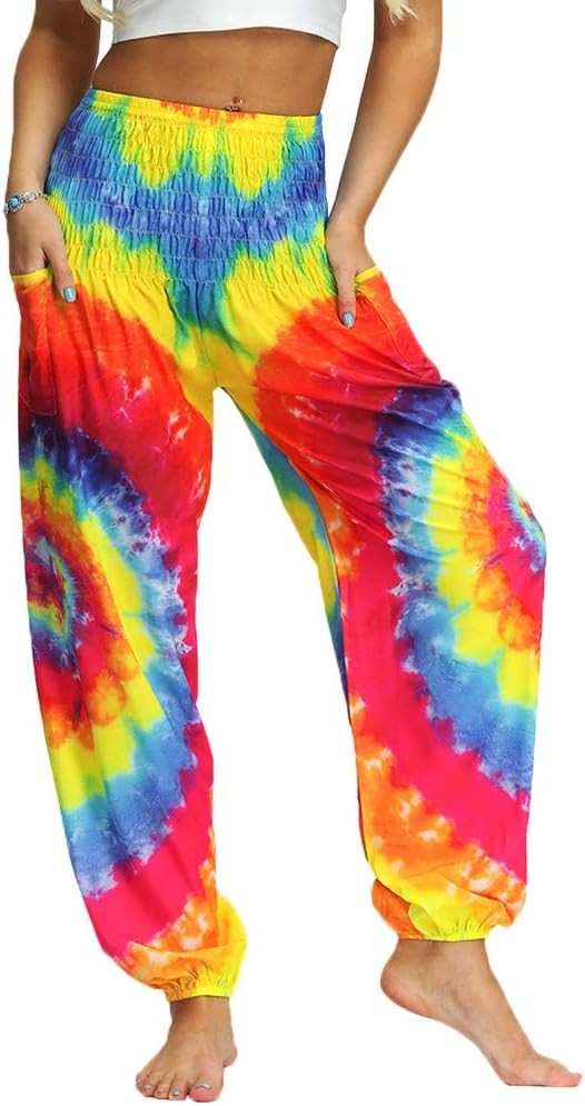 Nuofengkudu Womens Hippie Harem Pants Smocked High Waist with Pockets