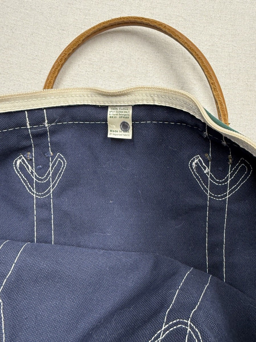 Vintage 90s Ll Bean Blue Green Tote Bag Leather Handle Boat Tote