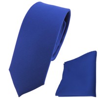 Schmale Tigertie Satin Krawatte + Einstecktuch Satin Blau Uni - Schlips Binder