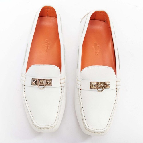 HERMES Irving white swift leather silver stud driving loafers EU35.5
