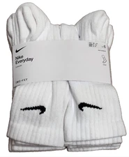 AUTHENTIC Nike Kid's Youth Everyday Crew Socks 6-PAIRS WHITE MEDIUM 5Y-7Y