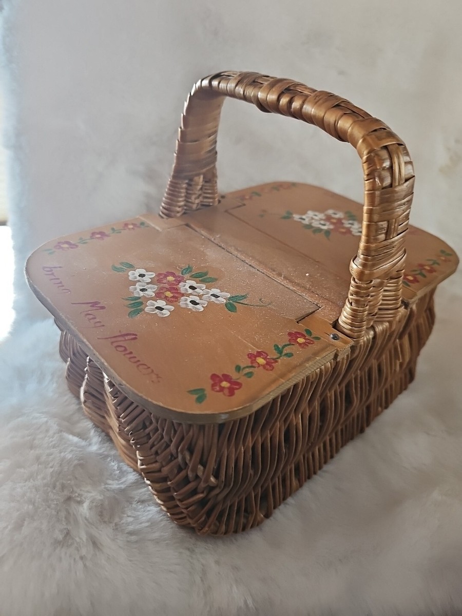 Vintage Basket Weave Small Purse Lunch Box Bag Handbag Flowers Hand Painted