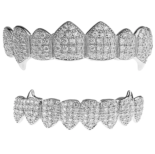 CZ Grillz Set Vampire Fangs Silver Tone 8 Top Eight Bottom Teeth Bling Grills