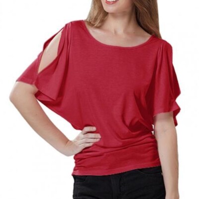 Jones New York Red Stretch Blouse Top Cutouts Shoulder Relaxed Size L