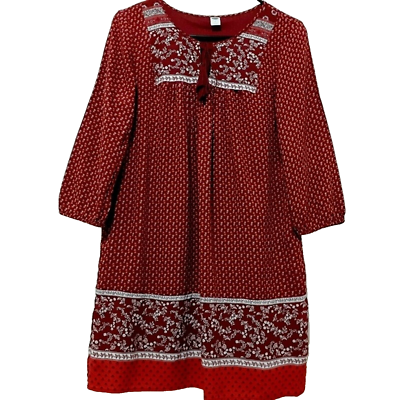 Old Navy Burgundy Floral Tassel Boho Lined 3/4 Sleeves Shift Peasant Dress  S/P