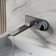 Brass Bathroom Faucet LED Light Digital Display Design Wall Mounted Basin Taps