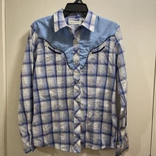 Roper  Women Medium Plaid Pearl Snap Blue Horseshoe  On Back