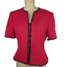 Kasper for ASL Red Cropped Jacket Beaded Trim Short Sleeve Size 10
