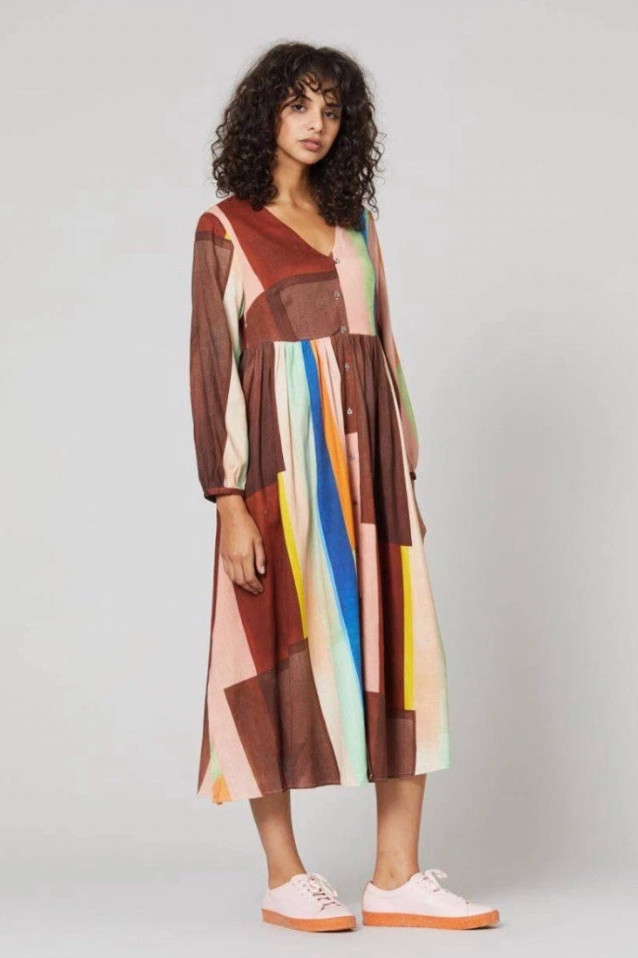 GORMAN Caroline Collom patchwork linen viscose earthy geometric midi dress 14