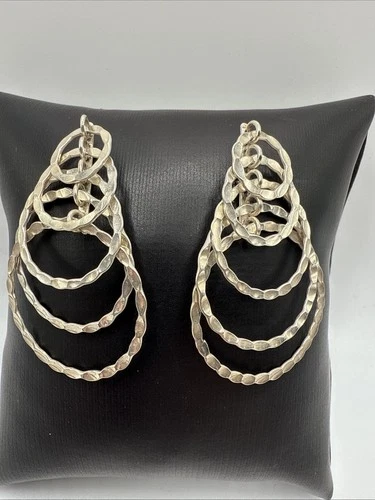 VTG UNIQUE 925 STERLING SILVER 5 RING DANGLE DROP EARRINGS. 8.6 GRAMS.