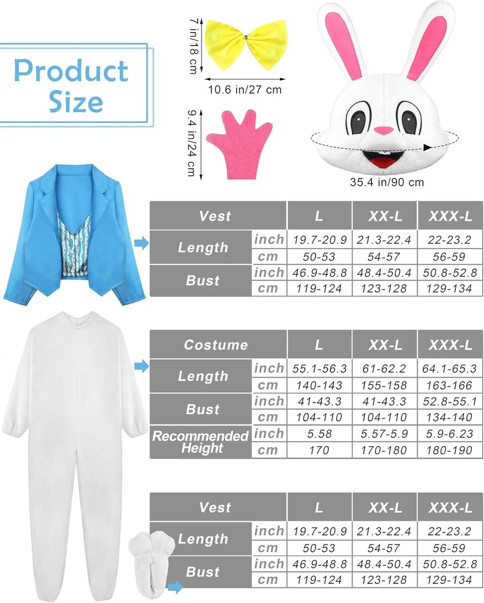 SOMSOC 6 Pack Easter Rabbit Costume Bunny Set One Piece Suit Large