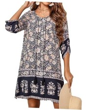 Women Casual Beach Summer Dress Boho Tassel Tie Neck 3/4 Long X-Large Black