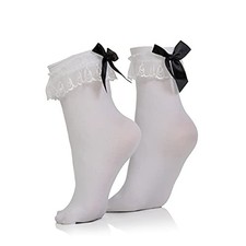 White Ruffled Anklet Socks - Frilly White Opaque Lace Ruffles Top Trim Bobby