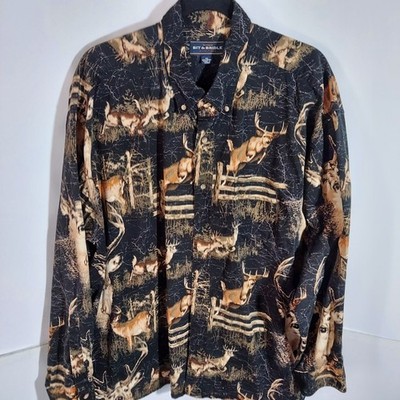 Bit & Bridle Long Sleeve Button Shirt Deer Print Mens Size 2X Heavyweight Cotton