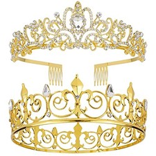 King Queen Tear Drop Tiara and Crown for Women Men Crystal Hair Gold