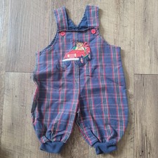 Vtg Plaid Teddy Embroidered Overalls Boys 6/9m 90s Blue Red/t5