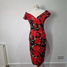 The Pretty Dress Company Black Red Rose Wiggle Dress Size 12 Suits 10 Party 