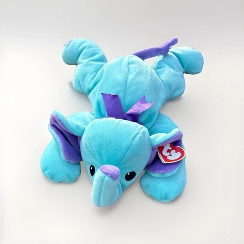 1998 Vintage Retired Ty Beanie Baby Pillow Pals Squirt The Elephant, Teal/Purple