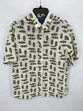 Woolrich Shirt Mens Large Ivory Brown Canoe Print Short Sleeve Button Up Casual