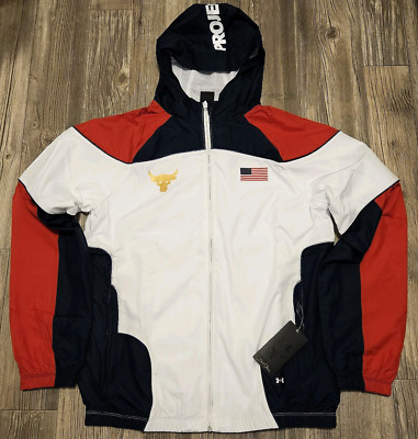$160 Under Armour Project Rock USA Olympic Hoodie Jacket Red Blue Men's Sz Small