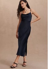 New BHLDN Cali Satin Midi Slip Dress Black Side Slit Draped Size 20