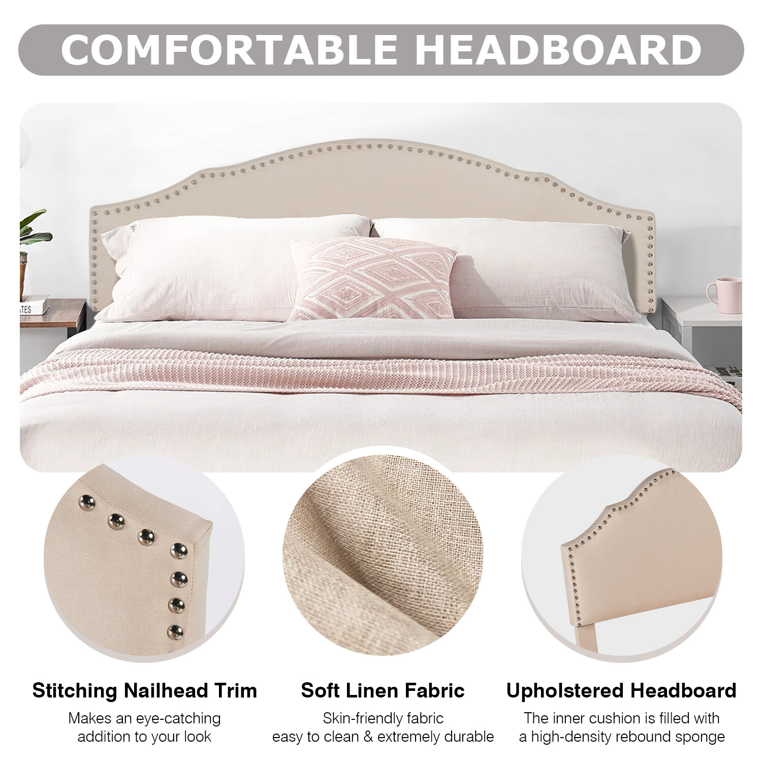 Upholstered Platform Bed Frame with Fabric Headboard and Wooden Slats