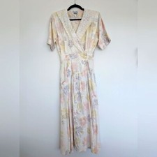 Vintage 60s 80s Dresswear Cross Front Lace Floral Midi Elastic Waist Dress Sz S
