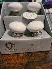CASA DECOR Home Design White CERAMIC Drawer Knobs/Pulls Set of 4 Silver Base NEW