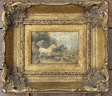 Antique Oleograph Print Gilt Frame Horses and Pigs Interior Decor