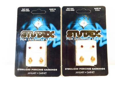 2 Pair Studex Ear Piercing Earrings 24K Gold Plated Medica Grade, January Garnet