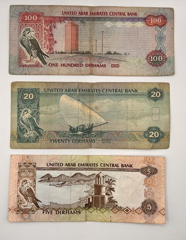 United Arab Emirates 100 + 20 + 5 Dirhams Banknotes = 125 Dirham Currency