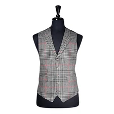 Mens Vest 42R Black White Red Plaid Check Wool Waistcoat Formal Wedding Party