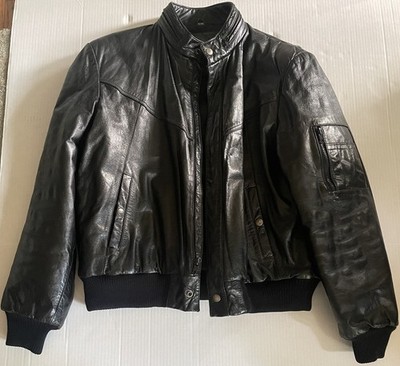 Bolme Leather Bomber Jacket Vintage Black Moto Zipper Collars Mens Medium
