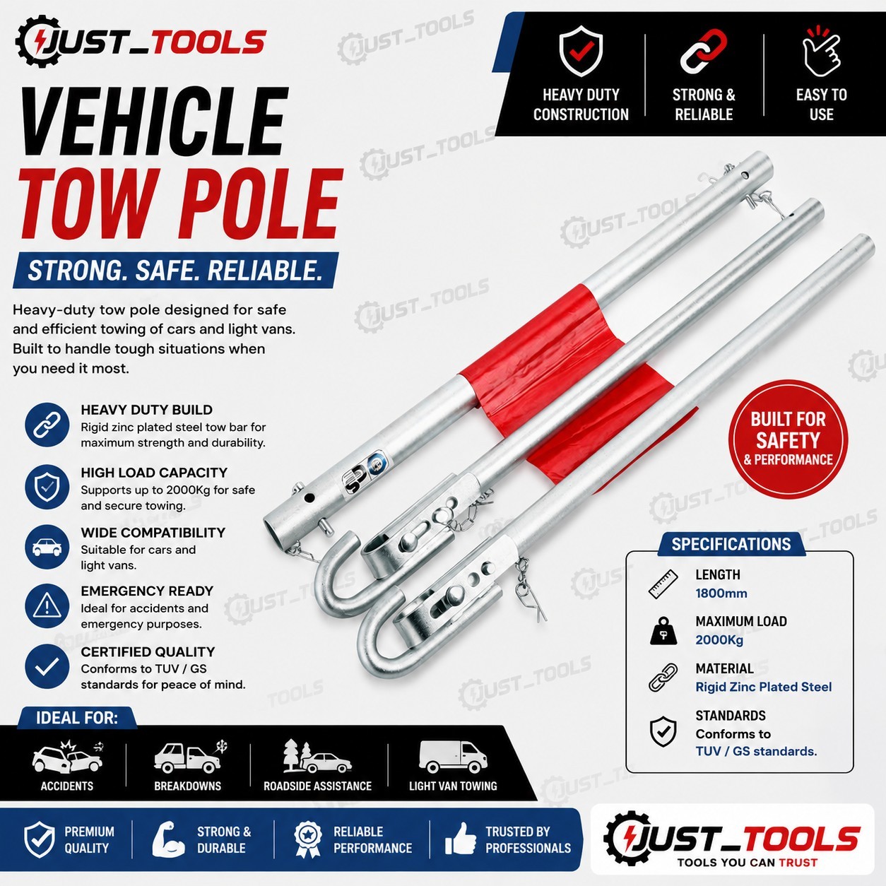 Neilsen 2000kg Vehicle Recovery Tow Pole Ridged Towing Bar Straight Car Van