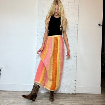 INCREDIBLE Vintage Warm Colored Rainbow Mohair Yarn Knit Maxi Skirt Stunning XS