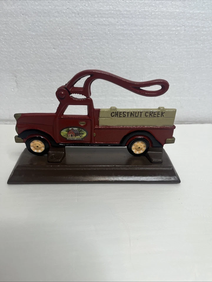 Vintage Cast Iron Chestnut Creek Country Red Farm Truck Nut Cracker Wooden Stand - Image 3 of 3