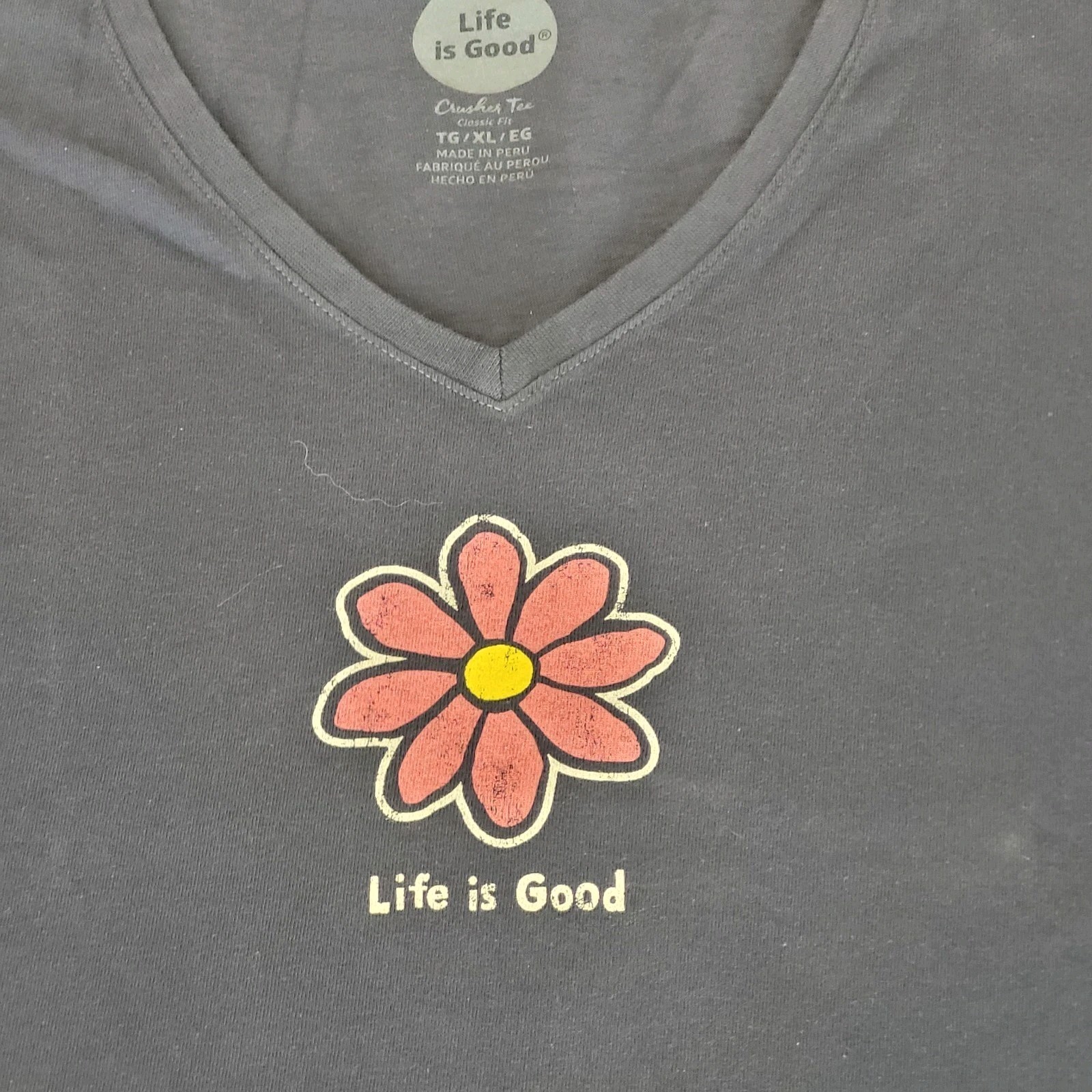 Life Is Good Shirt Womens L Blue Crusher Tee V Neck Classic Daisy Graphic NWT