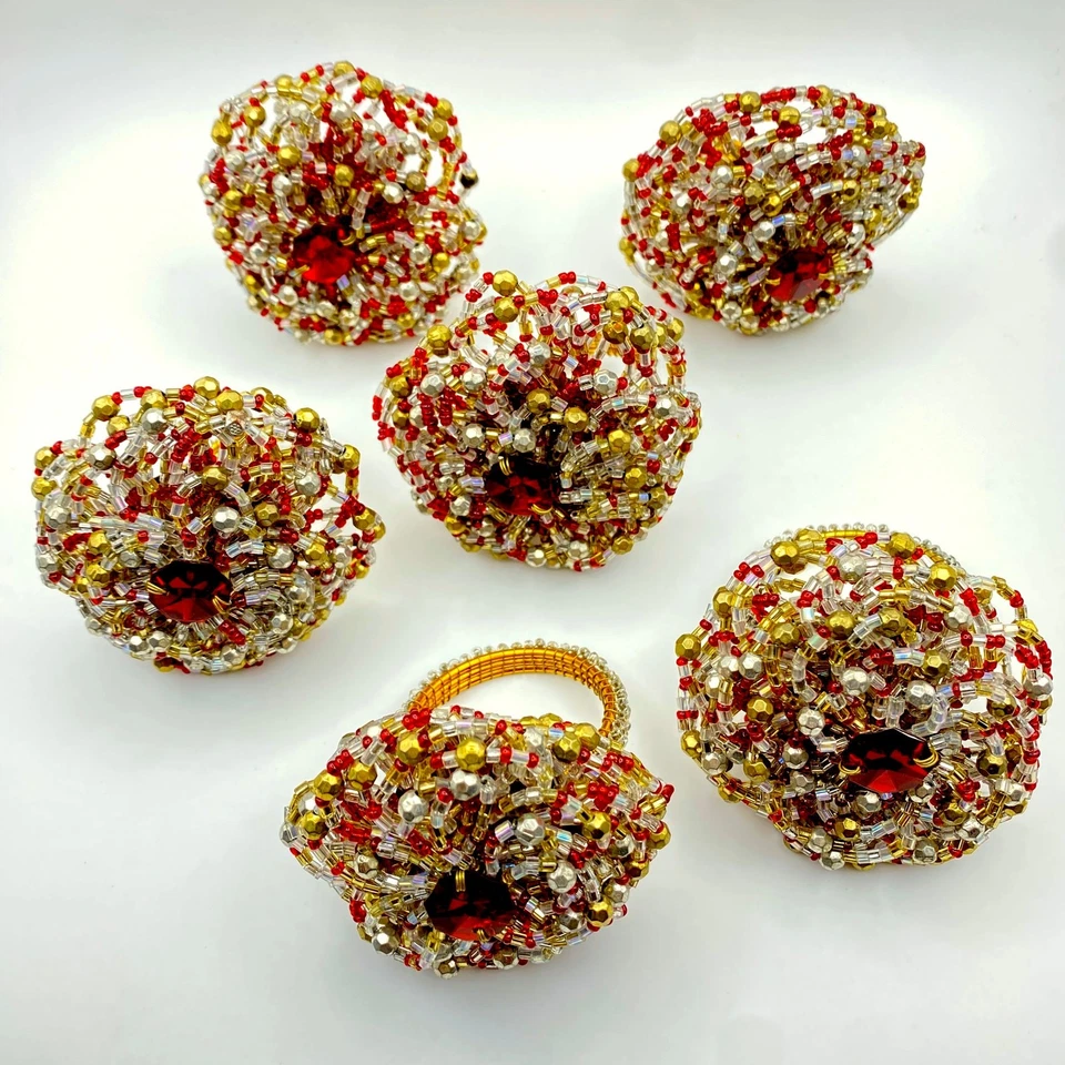 Anillos de servilleta PIER 1 cuentas oro rojo brillante flor vacaciones boho étnico - Lote de 6 Foto 2 de 4