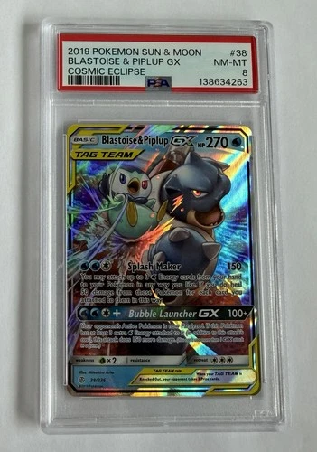 2019 POKEMON SUN & MOON COSMIC ECLIPSE #38 BLASTOISE & PIPLUP GX PSA 8