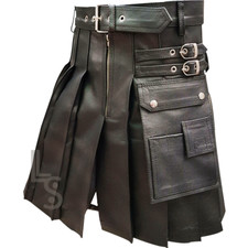 Fully Pleated Club Handmade Adjustable Utility Black Cow Leather Kilt, For Men