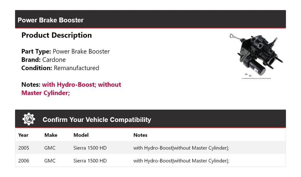 Para GMC Sierra 1500 HD 2005-2006 Power Brake Booster Cardone Foto 2 de 3