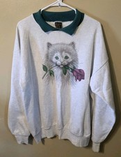VTG Kitty Cat With Rose Grannycore Gray Sweatshirt Green Collared 90s USA Made