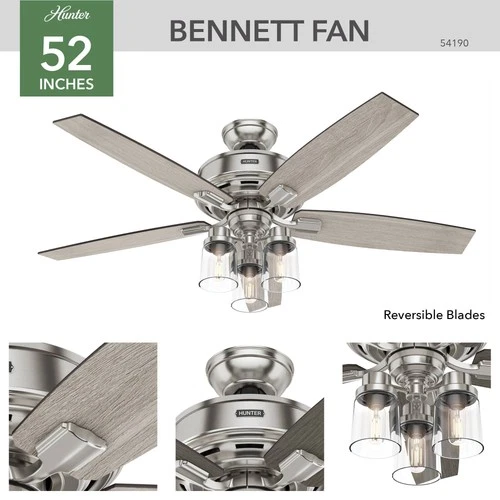 52" Hunter Bennett 3-Light LED Brushed Nickel Ceiling Fan with Remote - Picture 5 of 10