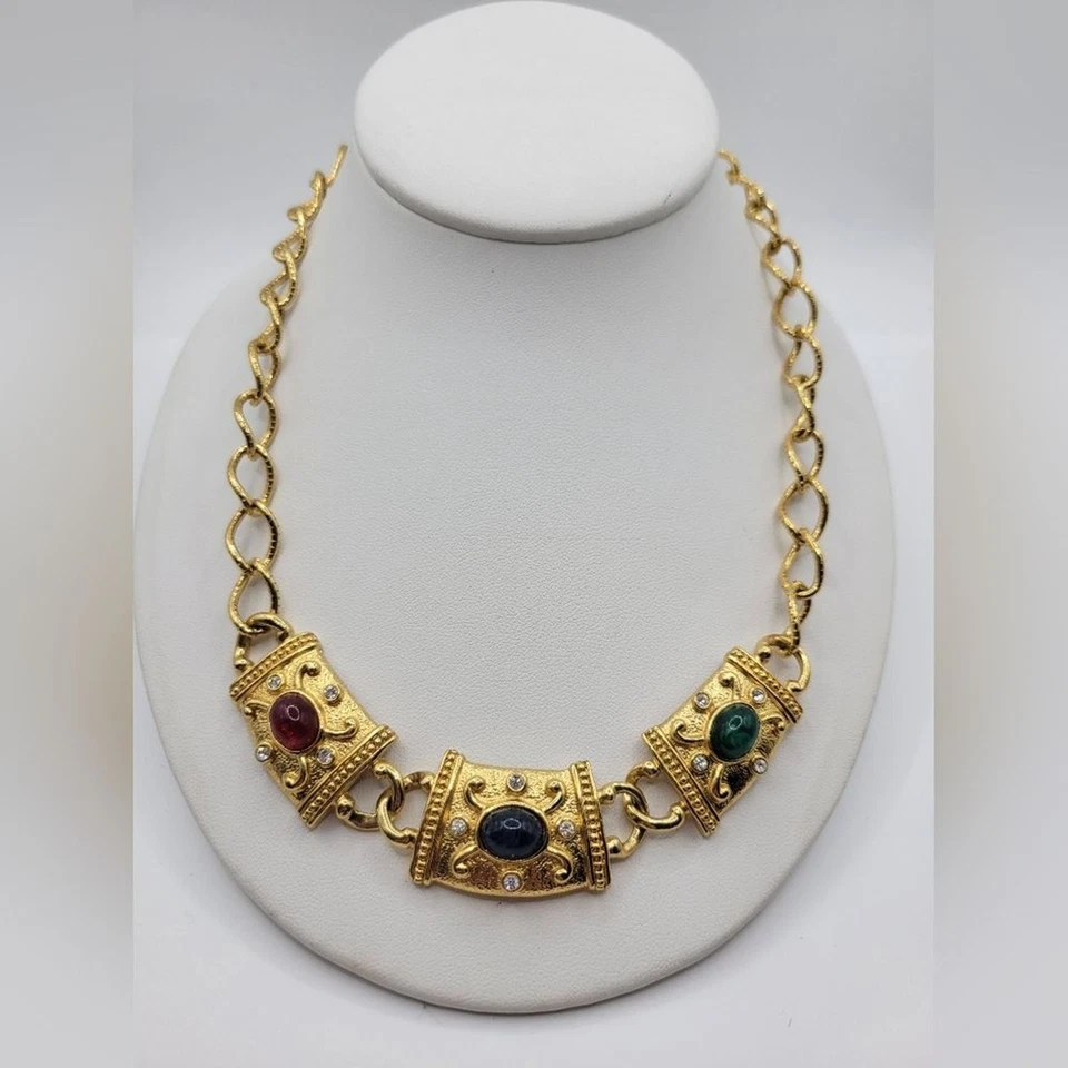 AVON CHAIN NECKLACE MULTI-COLOR CABOCHON GLASS GOLD TONE AUTHENTIC VINTAGE - Image 3 of 4