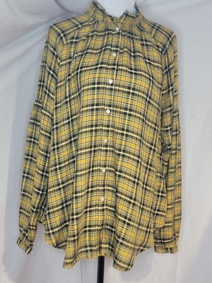 LOFT Womens XL Yellow Black Plaid Button Down Shirt Ruffle Neck Casual Top