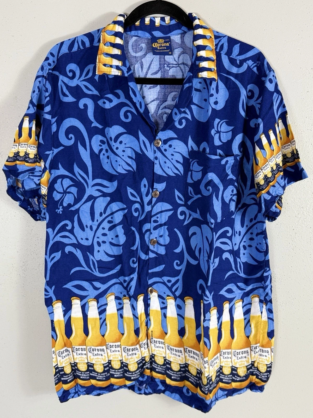 Corona Extra Hawaiian Shirt Mens Blue Short Sleeve Button Up Beer Size XL