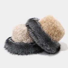 &zwnj;Women Faux Fur Bucket Hat Outdoor Skiing Winter Warm Fluffy Fisherman Hat Plush