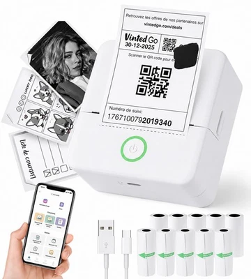 Mini Imprimante Thermique Bluetooth Sans Encre 10 Rouleaux Vinted iPhone - Photo 1/4
